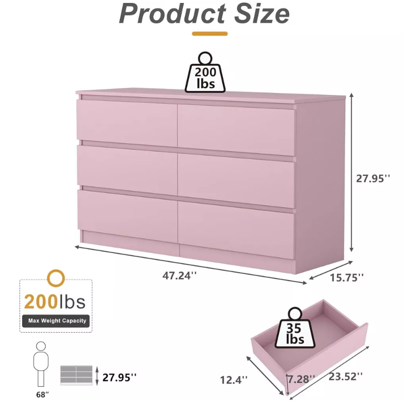 Modern PINK 6-Drawer Double Dresser Roomy Storage Chest for Closet Bedroom Living Room