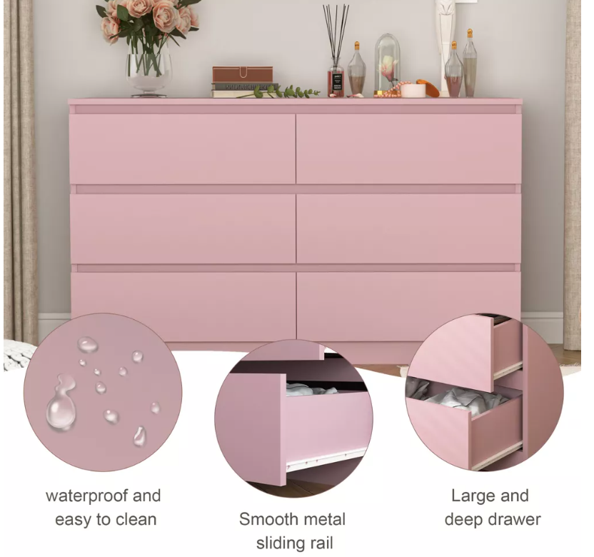 Modern PINK 6-Drawer Double Dresser Roomy Storage Chest for Closet Bedroom Living Room