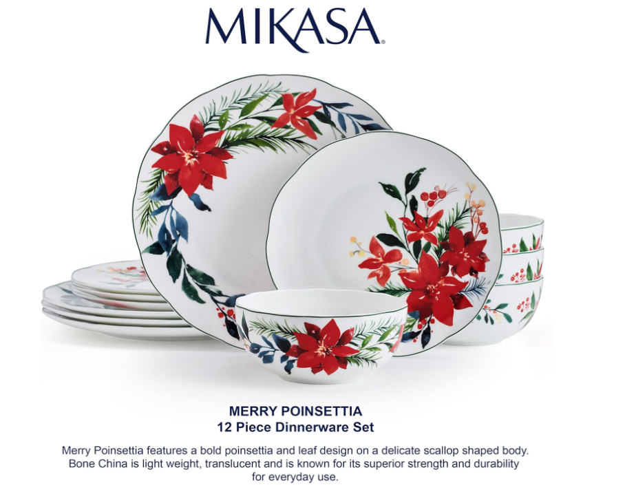 New Mikasa Winter Poinsettia 16 Piece Dinnerware Set Bone China Service For 4