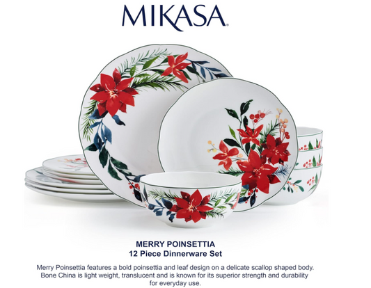 New Mikasa Winter Poinsettia 16 Piece Dinnerware Set Bone China Service For 4