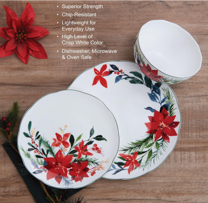 New Mikasa Winter Poinsettia 16 Piece Dinnerware Set Bone China Service For 4