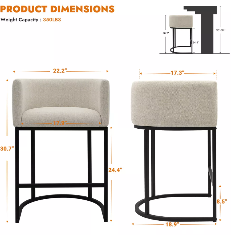 NEWLAYOUT Counter Height Bar Stools Set of 2, 24" Height Barstools for Dining Room, Upholstered Bar Chair for Kitchen Island
