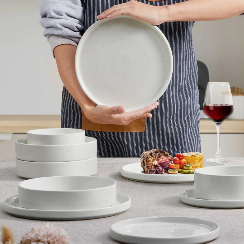 Dinnerware Sets with Pasta Bowls, 16 Piece Plates and Bowls Set for 4, Stoneware