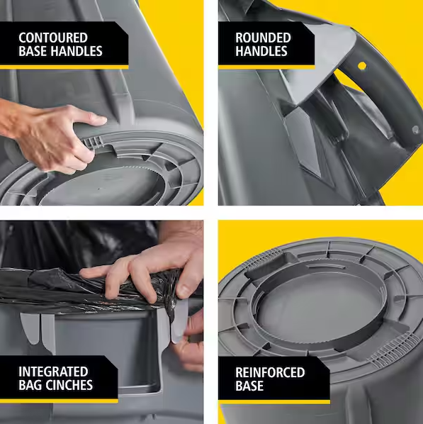 BRUTE 10 Gal. Grey Round Vented Plastic Outdoor Trash Can with Lid for Offices/Warehouses/Commercial Environments