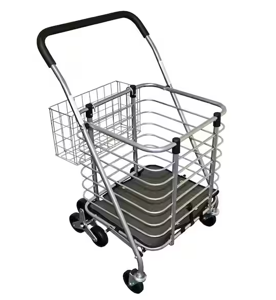 3-Wheel Steel Easy Climb Shopping Cart Design with Accessory Basket in Silver