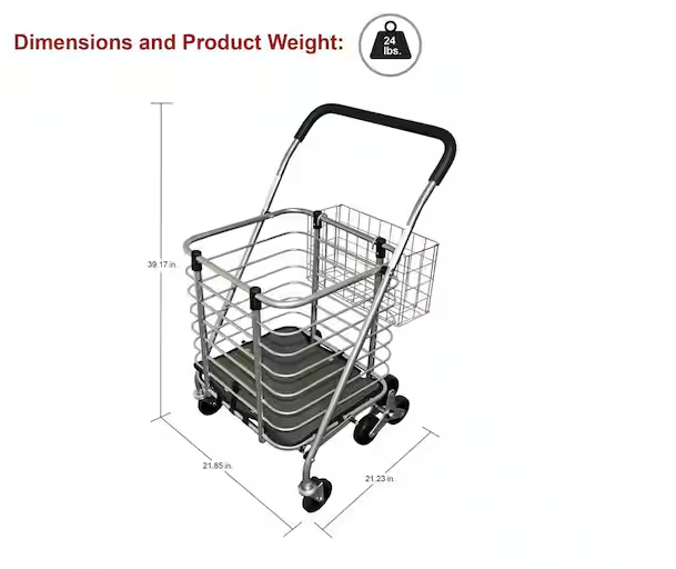 3-Wheel Steel Easy Climb Shopping Cart Design with Accessory Basket in Silver