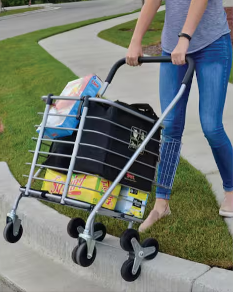 3-Wheel Steel Easy Climb Shopping Cart Design with Accessory Basket in Silver
