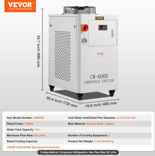 VEVOR Industrial Water Chiller, CW6000, 1500W Industrial Water Cooler Cooling System with Compressor 15L Water Tank Capacity 65 L/min Max Flow Rate, for CO2 Laser Engraving Machine Cooling Machine