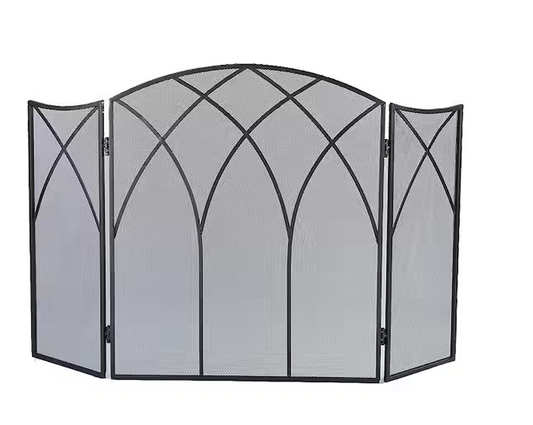 Gothic Black Steel 3-Panel Fireplace Screen