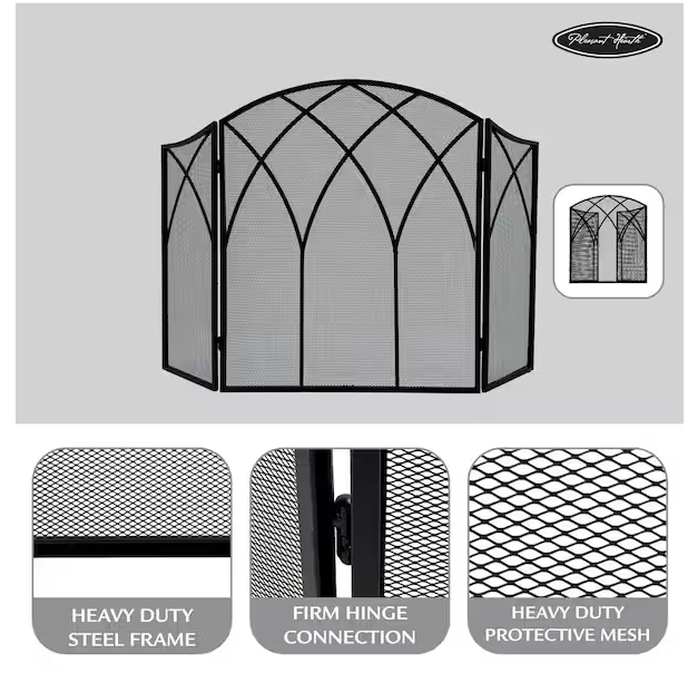 Gothic Black Steel 3-Panel Fireplace Screen