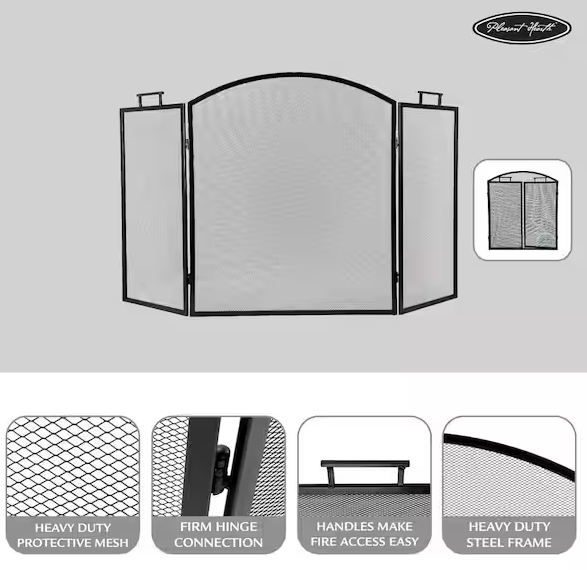Classic Black Steel 3-Panel Fireplace Screen
