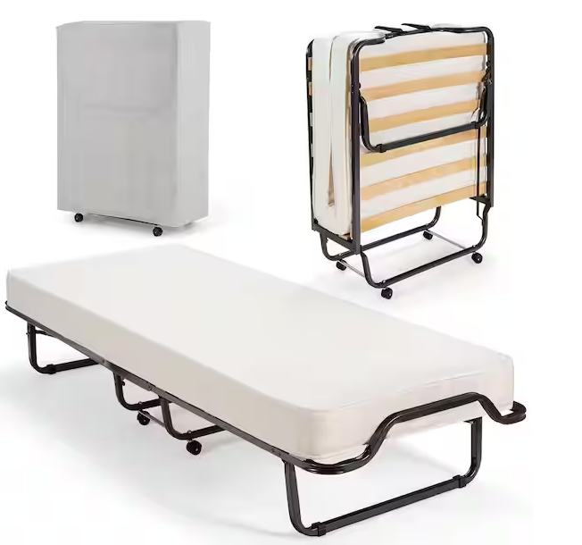 Black Twin Portable Rollaway Bed Guest Folding Bed w/Mattress Memory Foam and Dustproof Cover