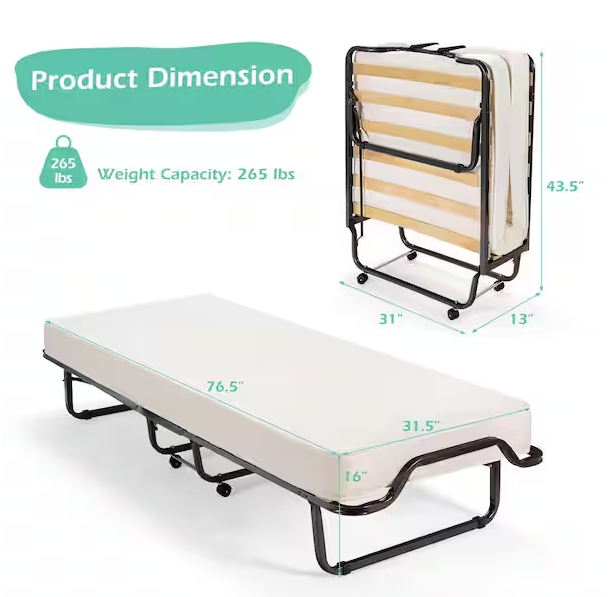 Black Twin Portable Rollaway Bed Guest Folding Bed w/Mattress Memory Foam and Dustproof Cover