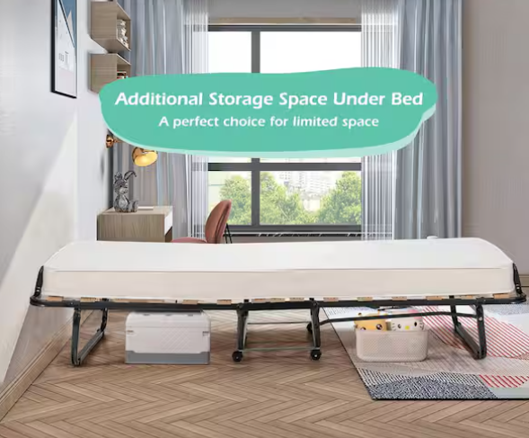 Black Twin Portable Rollaway Bed Guest Folding Bed w/Mattress Memory Foam and Dustproof Cover