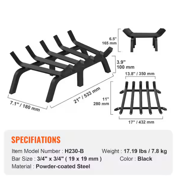 Fireplace Log Grate, 21 in. Heavy Duty Fireplace Grate with 6 Support Legs, 3/4 in. Solid Powder-coated Steel Bars