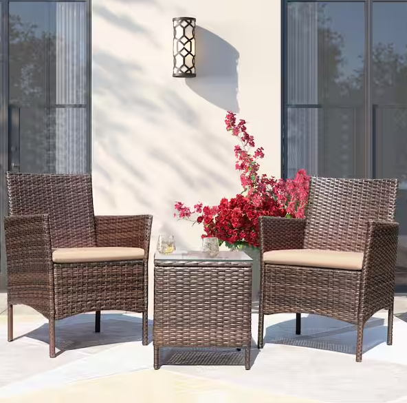 Brown 3-Pieces Patio Furniture PE Rattan Outdoor Conversation Set w/Table Backyard Garden Set with Beige Cushion