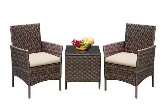Brown 3-Pieces Patio Furniture PE Rattan Outdoor Conversation Set w/Table Backyard Garden Set with Beige Cushion