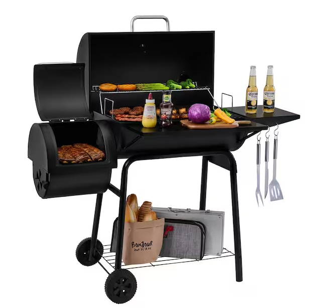 Charcoal Grill in Black with Offset Smoker and Side Table