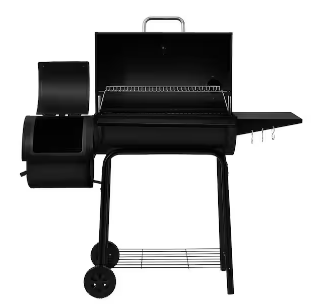 Charcoal Grill in Black with Offset Smoker and Side Table