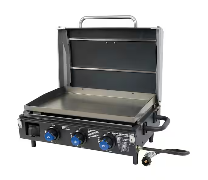 25 in. 3-Burner Portable Propane Gas Griddle with Lid in Black