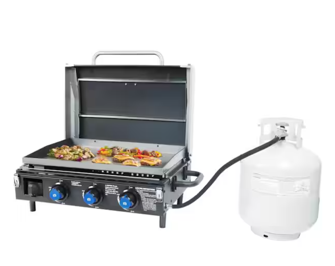 25 in. 3-Burner Portable Propane Gas Griddle with Lid in Black