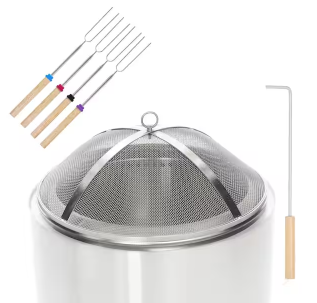 Stainless Steel 27 in. Fire Pit Spark Screen Cover with Guild Stick Bonfire