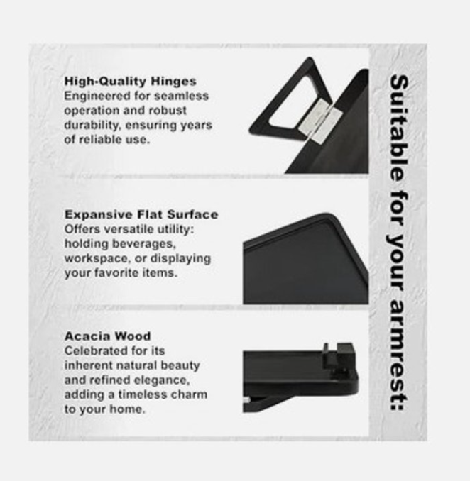 Smart Design Acacia Armrest Tray, Black, Non-Slip Sofa Arm Clip Table for Drinks, Snacks & Devices