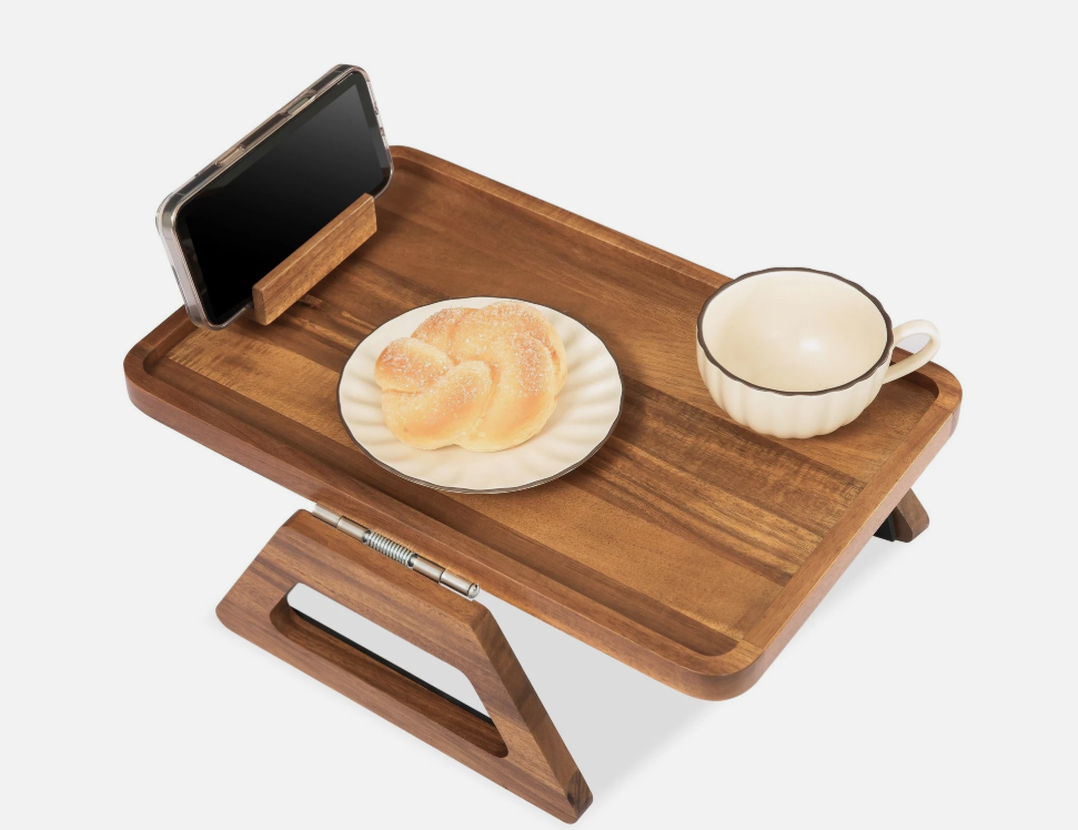 Smart Design Acacia Armrest Tray, Brown, Non-Slip Sofa Arm Clip Table for Drinks, Snacks & Devices