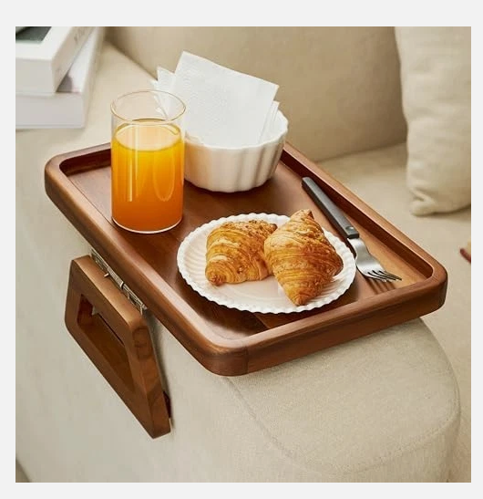 Smart Design Acacia Armrest Tray, Brown, Non-Slip Sofa Arm Clip Table for Drinks, Snacks & Devices