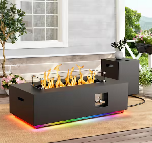 42 in. Propane Fire Pit Table, Gas Fire Pit Table with RGB LED Light, Lid and Blue Stone