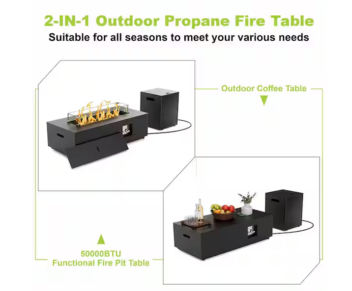 42 in. Propane Fire Pit Table, Gas Fire Pit Table with RGB LED Light, Lid and Blue Stone