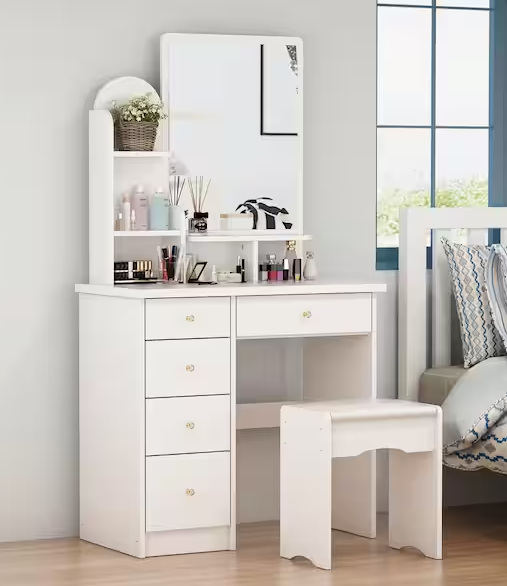 5-Drawers Wood Dresser Makeup Vanity Sets in White With Stool, Mirror (55.1 in. H x 31.5 in. W x 15.7 in. D)