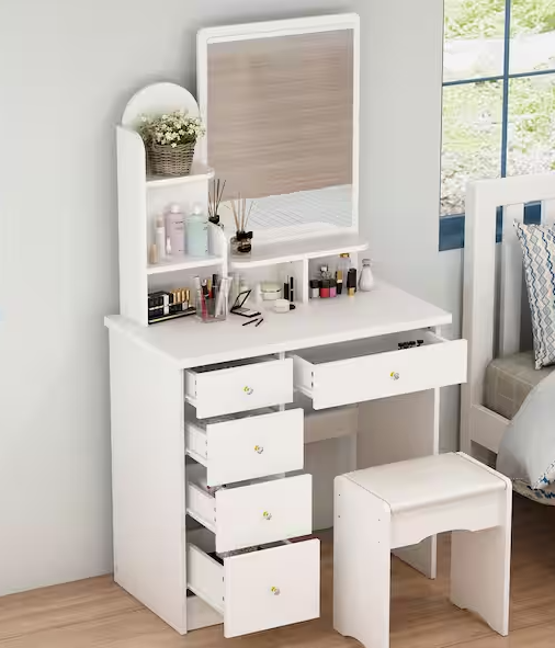 5-Drawers Wood Dresser Makeup Vanity Sets in White With Stool, Mirror (55.1 in. H x 31.5 in. W x 15.7 in. D)