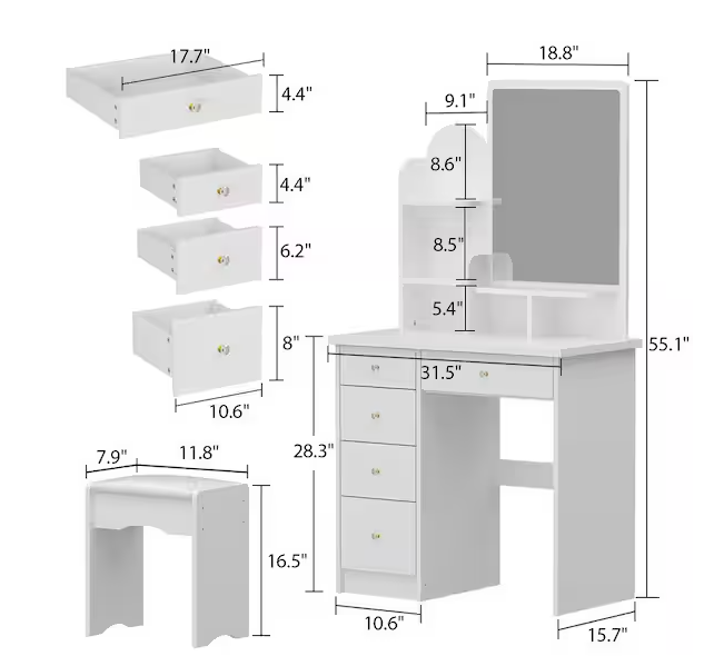 5-Drawers Wood Dresser Makeup Vanity Sets in White With Stool, Mirror (55.1 in. H x 31.5 in. W x 15.7 in. D)