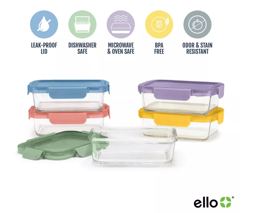 Ello Color Lock 10pc (set of 5) Glass Meal Prep Food Storage Containers Set