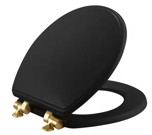 Weston Round Soft-Close Never-Loosens Brushed-Gold-Hinge Enameled Wood Toilet Seat in Black