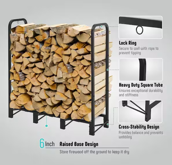 4FT Firewood Rack Outdoor, Heavy Duty Firewood Storage Rack, Outdoor Firewood Rack with Cover