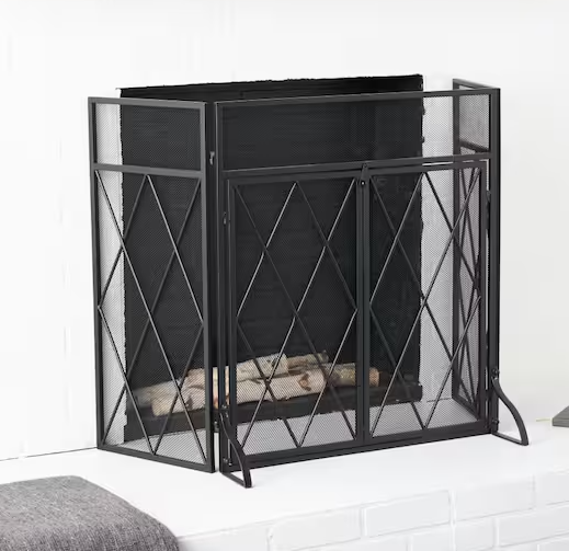Black Metal Geometric Diamond 3-Panel 2 Door Fireplace Screen with Mesh Backing