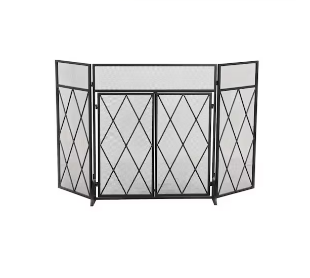 Black Metal Geometric Diamond 3-Panel 2 Door Fireplace Screen with Mesh Backing