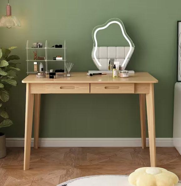 1-Piece Walnut Burlywood Wooden Makeup Vanity Table, Dressing Desk with 2 Drawer, 39.4 in. W x 21.7 in. D x 29.5 in. H