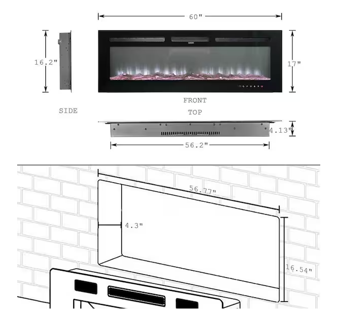 Black 60 in. Wall Mounted Recessed Electric Fireplace with Logs and Crystals, Remote 1500/750 Watt