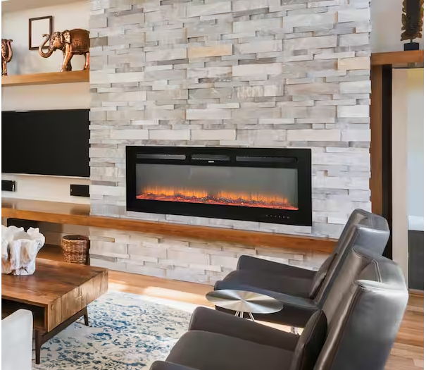 Black 60 in. Wall Mounted Recessed Electric Fireplace with Logs and Crystals, Remote 1500/750 Watt