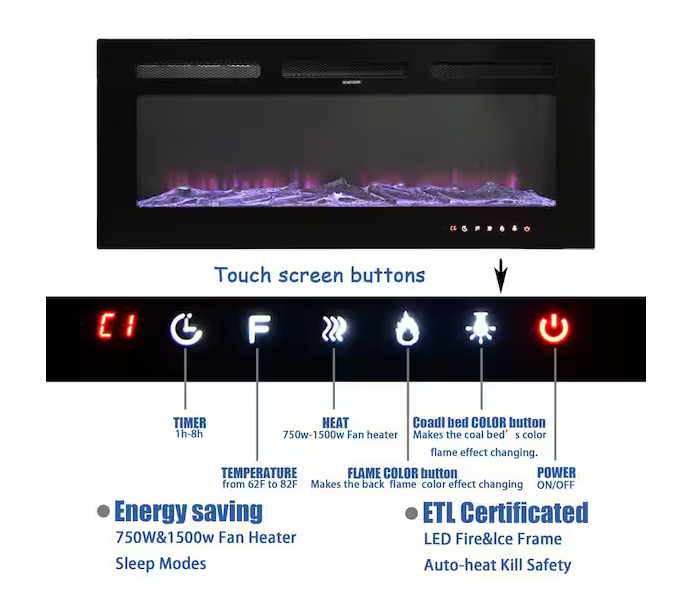 Black 60 in. Wall Mounted Recessed Electric Fireplace with Logs and Crystals, Remote 1500/750 Watt