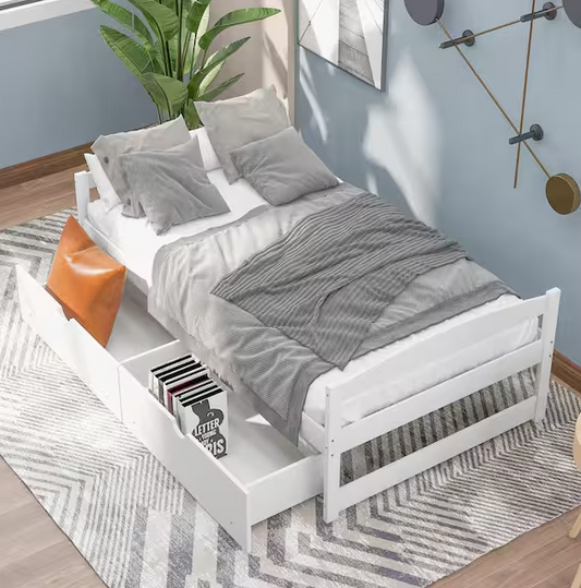 White Modern Wood Daybed with 2-Drawers Twin Size Platform Bed Captains Bed Storage Bed Frame No Spring Box Needed