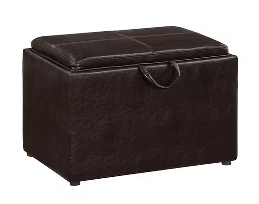 Designs4Comfort Espresso Faux Leather Storage Ottoman with Reversible Tray
