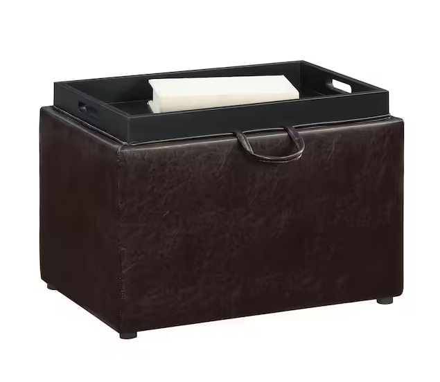 Designs4Comfort Espresso Faux Leather Storage Ottoman with Reversible Tray