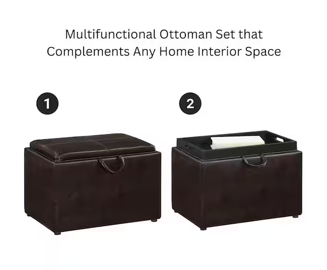 Designs4Comfort Espresso Faux Leather Storage Ottoman with Reversible Tray