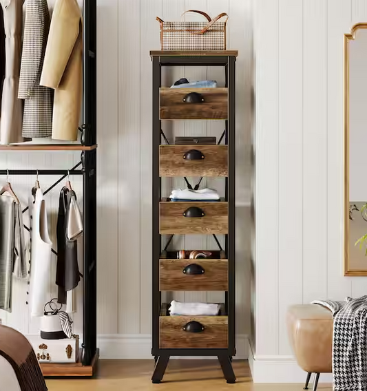 Pealaa 45 in. Tall Rustic Brown 5-drawer Chest of Drawers, Narrow Dresser Storage Chest for Bedroom, Small Space