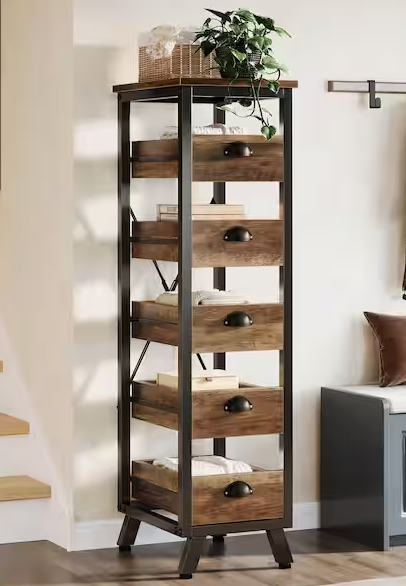 Pealaa 45 in. Tall Rustic Brown 5-drawer Chest of Drawers, Narrow Dresser Storage Chest for Bedroom, Small Space