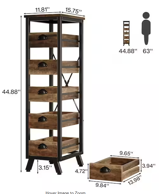 Pealaa 45 in. Tall Rustic Brown 5-drawer Chest of Drawers, Narrow Dresser Storage Chest for Bedroom, Small Space